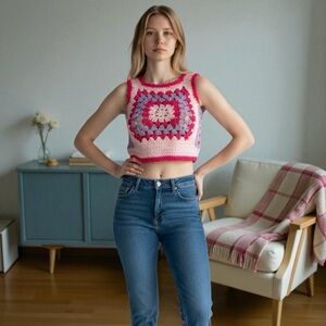 70's Style Handmade Granny Square Crochet Cropped Sweater Vest Tank Boho XS Pink